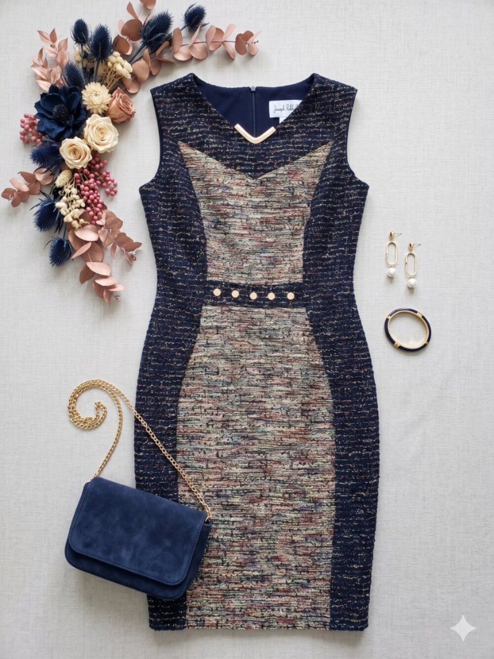 Joseph Ribkoff Textured Navy Multicolor Sheath Dress